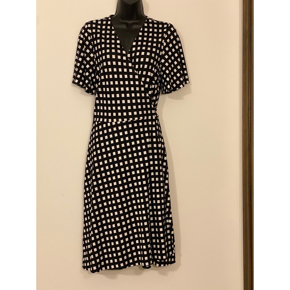 Ann Taylor Shadow Square Flutter Sleeve Wrap Dress Black White Grid Print 10 NEW